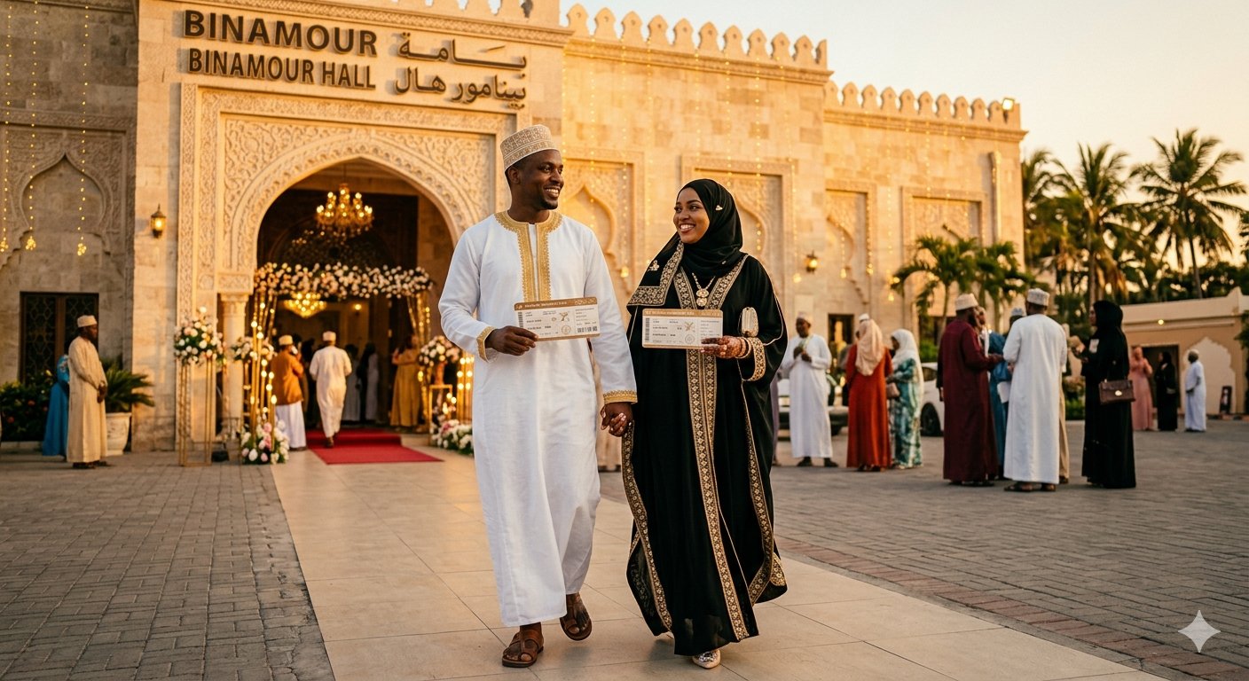 Watu wa Kizanzibari mbele ya Binamour Hall wakishikilia invitation cards